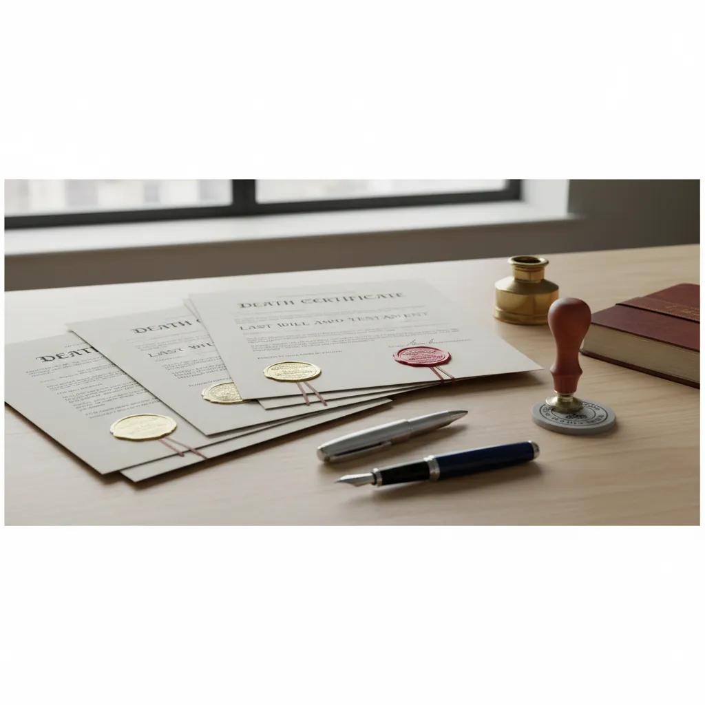 Stack of legal documents needed for inheritance claim